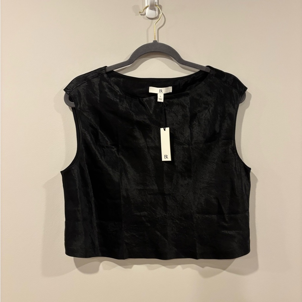 NWT Banana Republic BR Crinkle Satin Cropped Top Black Blouse Women's size Large